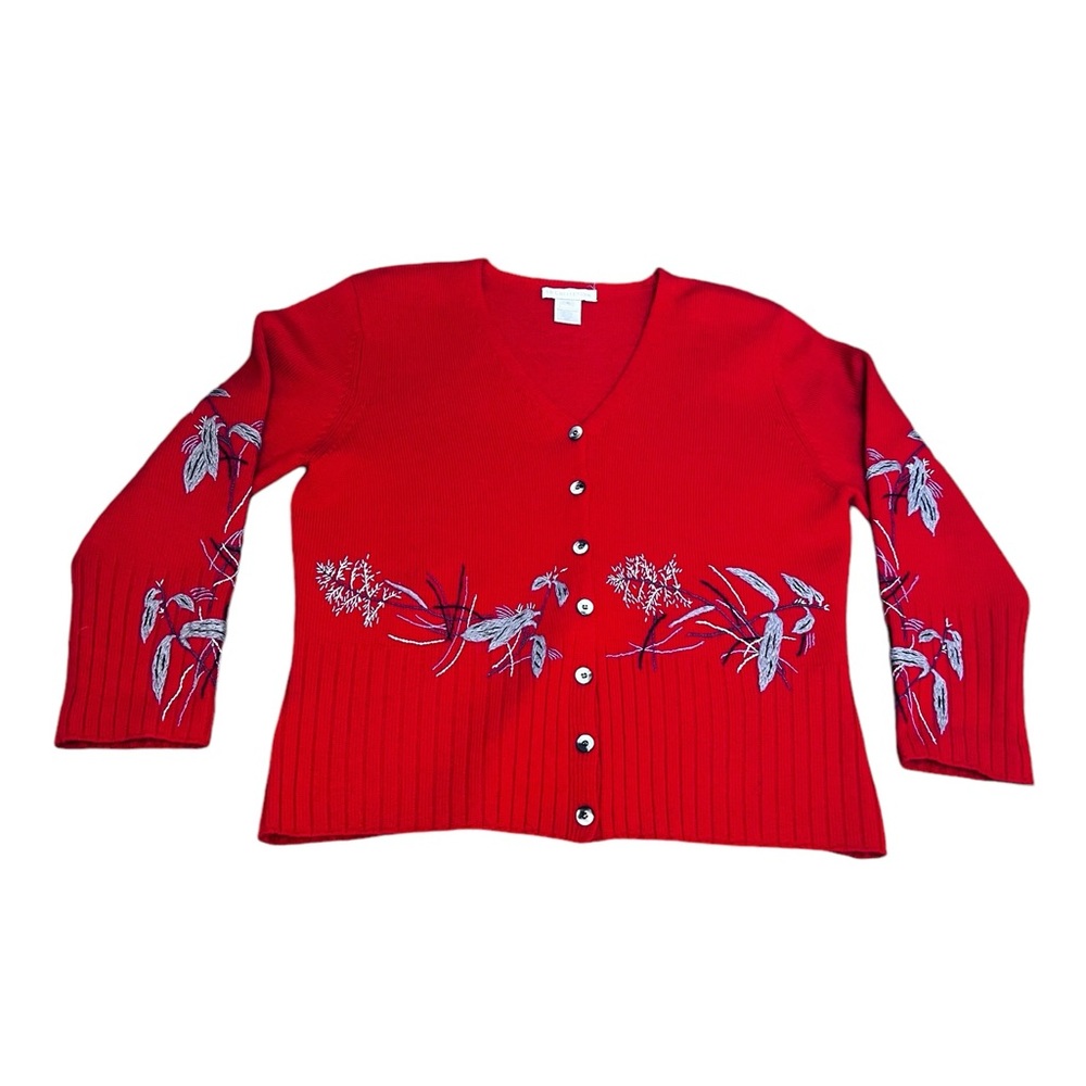 Vintage SB Collection Red Hand Embroidered Wool Cardigan Longsleeve Vneck SZ:XL